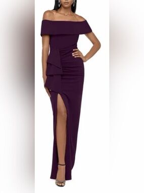 Xscape Purple Ruched Off the Shoulder Crepe Gown Size 10 NWOT